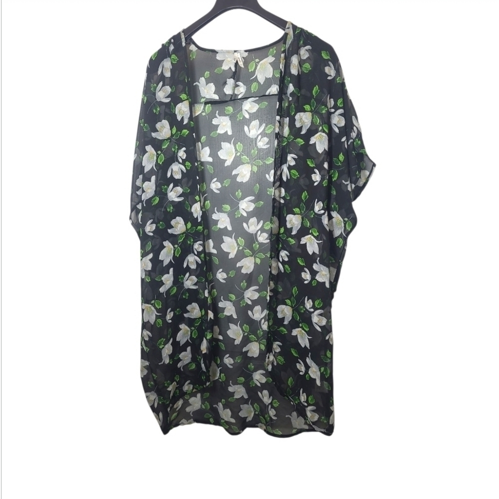 Truth NYC Sheer Floral Kimono Cover-Up Black 1X Plus Size Boho Layering